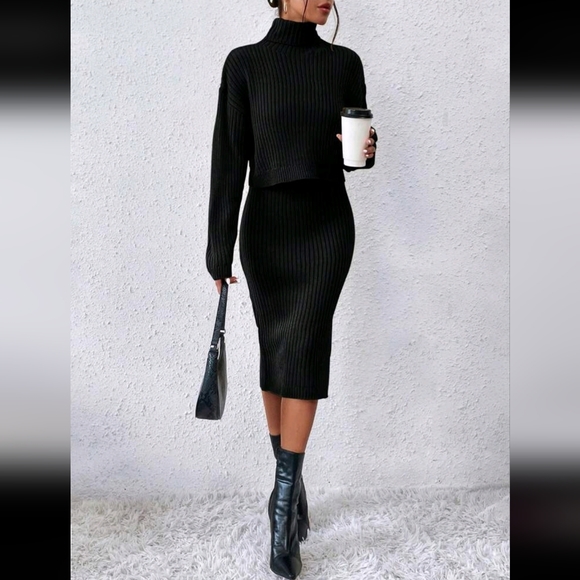 New Chic 2 Piece Ribbed Sweater Dress Black Two Piece Set - Picture 1 of 8